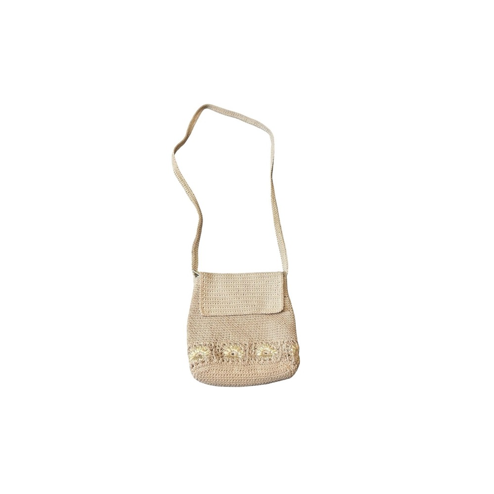 Frankie & Johnnie Crochet Crossbody Bag Tan Beige Floral Embroidered Small Woven